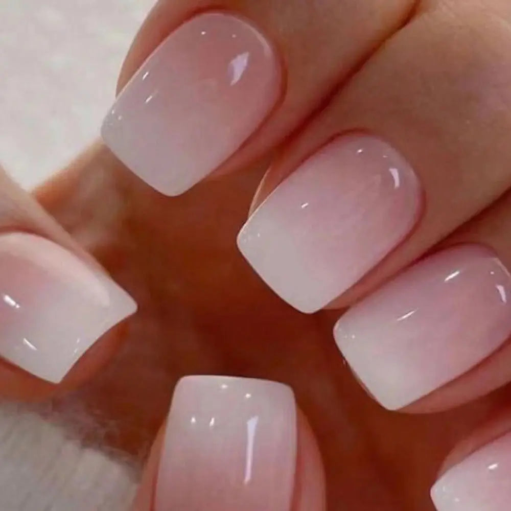 Square Head French Fake Nails Waterproof Wearable Manicure Nude Color Gradient Press on Nails Full Cover Flash Nail Tips Women