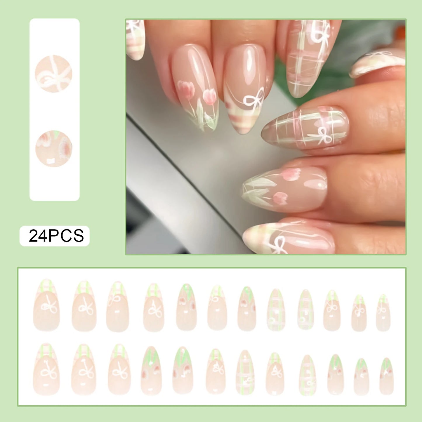 24pcs Gold Leaf Flowers Fake Nails Press On Nails With Black Gradient Design Almond Glitter Reusable Adhesive False Nails Decor
