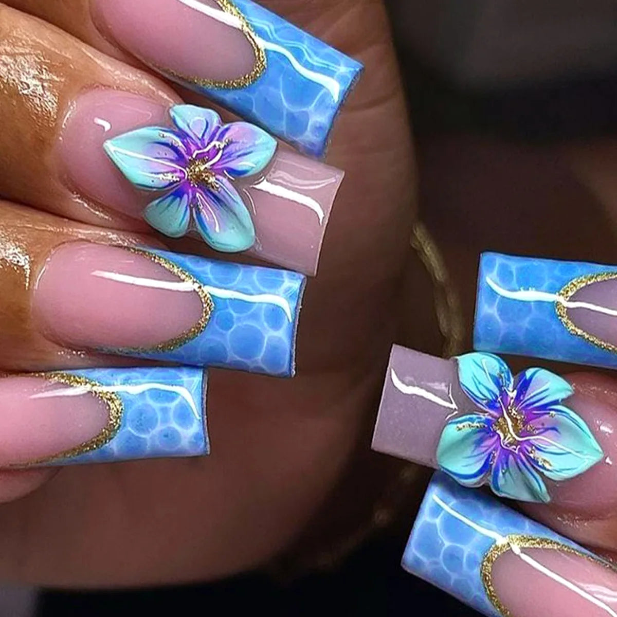 Sweet Medium Square False Nails with Glue Blush Pink Flowers Fake Nails Press on Nails