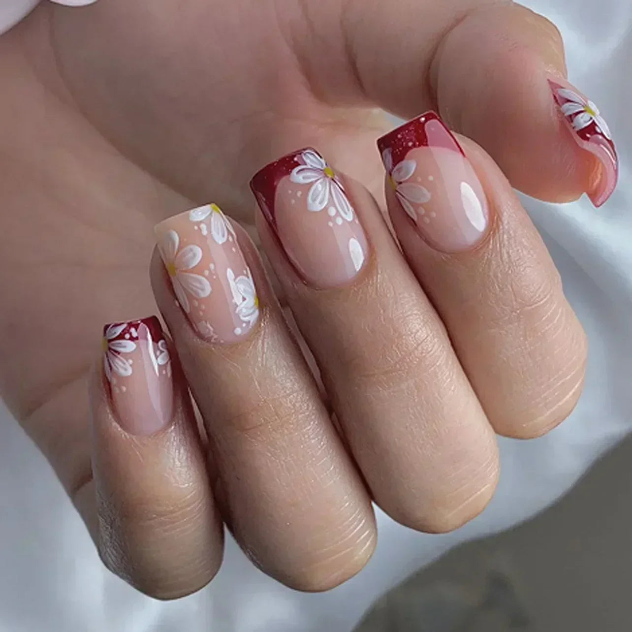 Flowers Gold Glitter Powder Edge White French Nail Art Fashion Wearable Fake Nail Detachable Finished False Nails Press on Nails