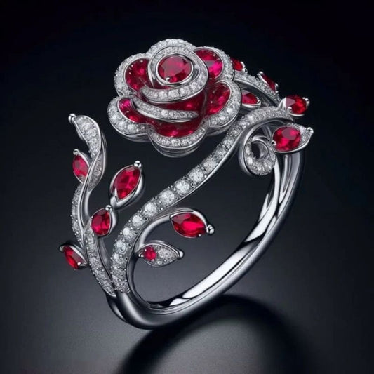 Leaves Flowers Red Zircon Ring - Winding Interwoven Gold Plated Botanical