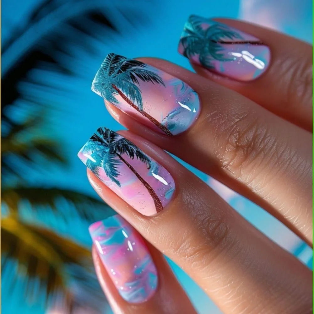 24Pcs Mid-length Ballet False Nails Press on Nails Spring Flowers Fresh Design Fake Nails with Glue Wearable Acrylic Nail Tips