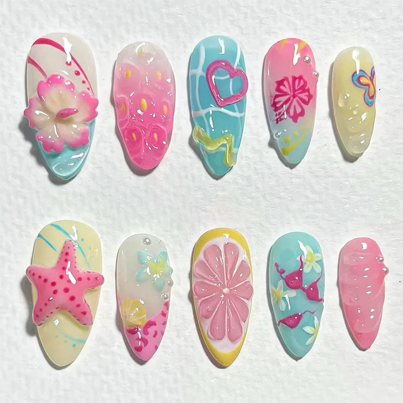 Summer Almond Fake Nails Colorful 3D Flower Seashell Designs Press on Nail