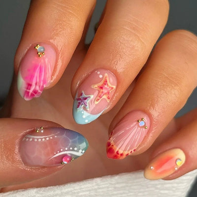 Simple Almond Nails Tips Fresh Colorful Flower Design False Nails Wearable Oval Fake Nail Short Full Cover Press on Nails