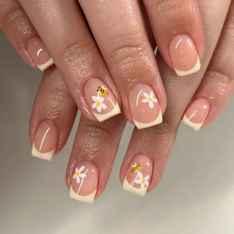 Flowers Gold Glitter Powder Edge White French Nail Art Fashion Wearable Fake Nail Detachable Finished False Nails Press on Nails