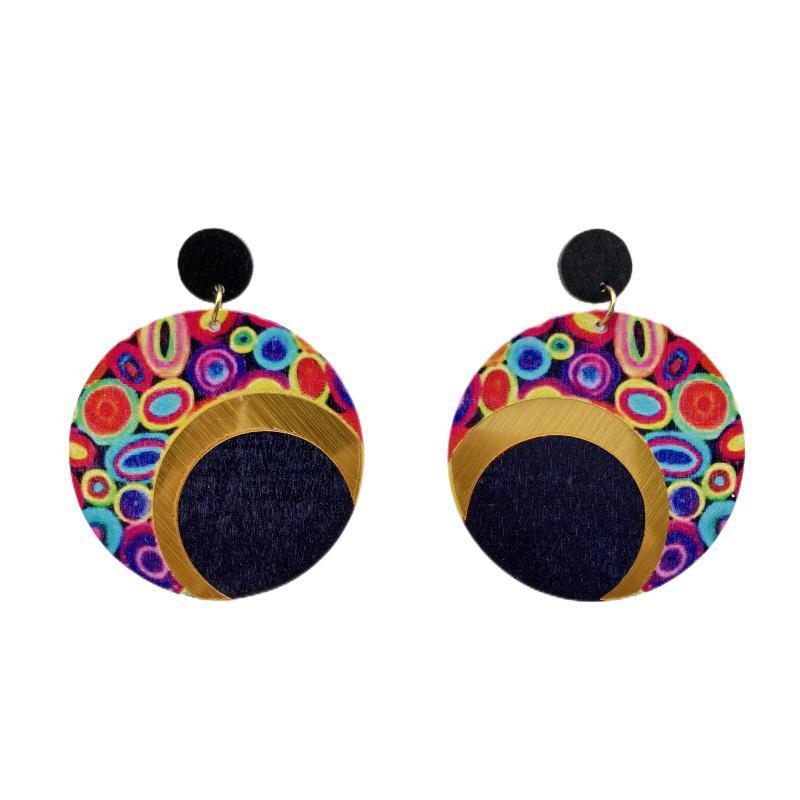 Wooden Printed Round Color Large Earrings