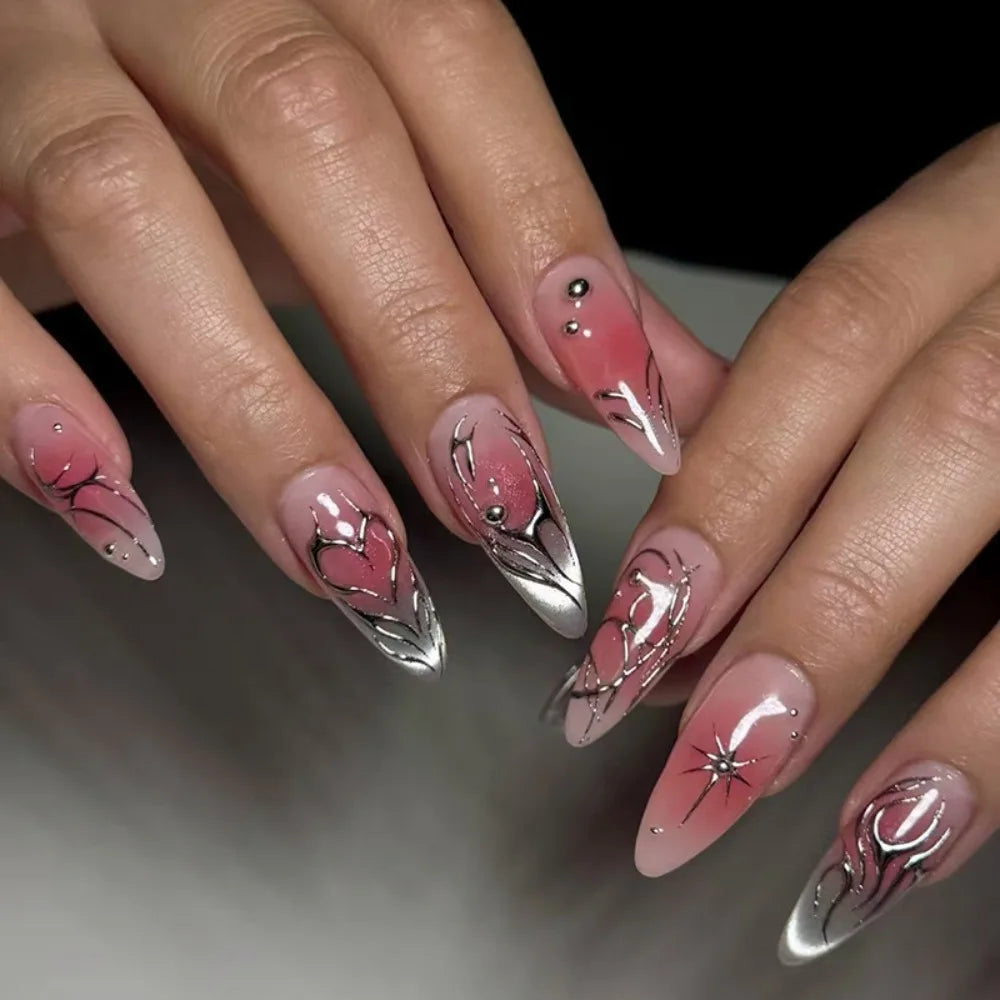 24pcs Manicure Long Almond False Nails French Simple Press on Nails Cherry Color Detachable Fake Nials DIY