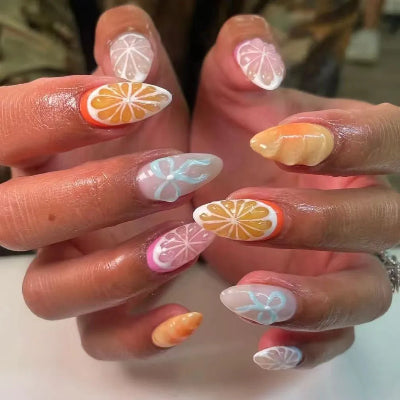 Simple Almond Nails Tips Fresh Colorful Flower Design False Nails Wearable Oval Fake Nail Short Full Cover Press on Nails