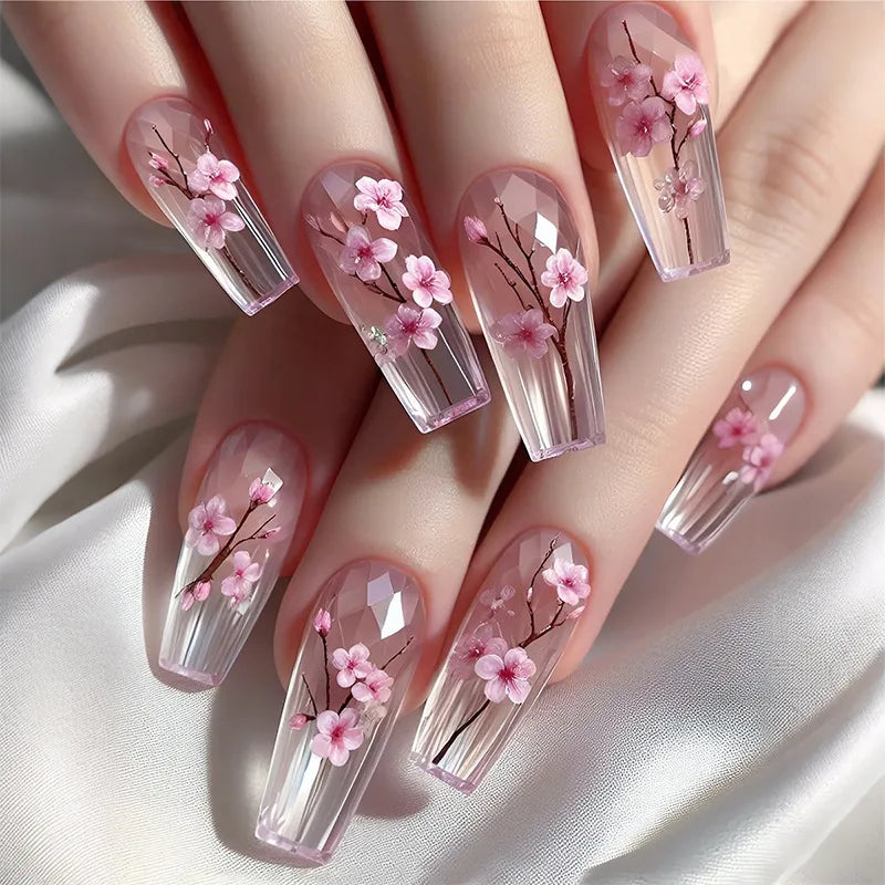24Pcs Mid-length Ballet False Nails Press on Nails Spring Flowers Fresh Design Fake Nails with Glue Wearable Acrylic Nail Tips