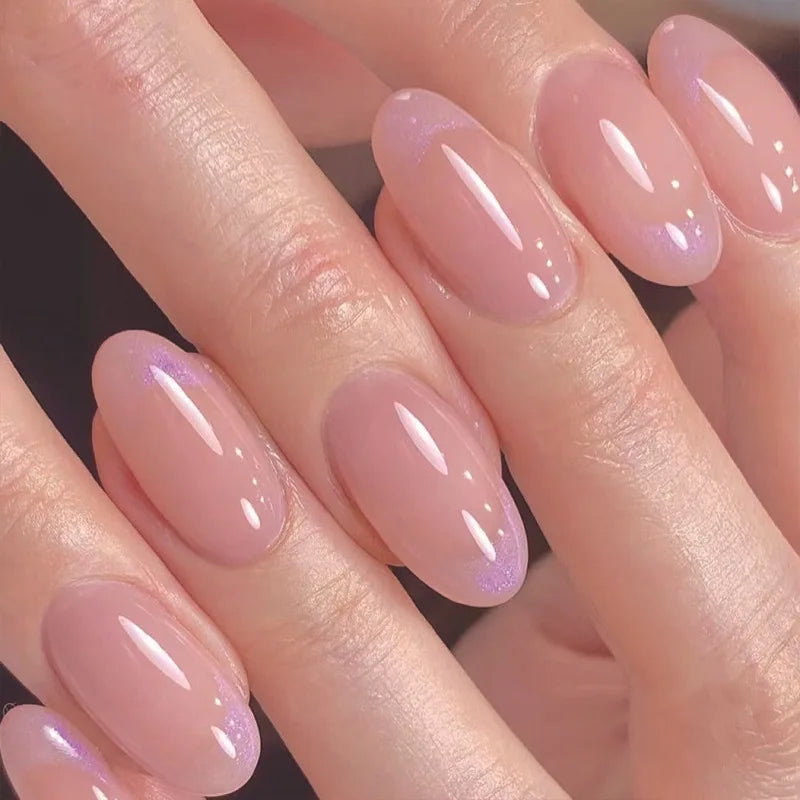 24pcs Glitter Short Almond False Nails Pink Aurora Ellipse Fake Nails Press on Nails DIY Manicure Detachable Full Cover Nail Tip