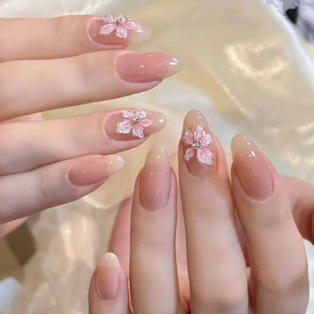 24pcs Bow False Nails Sets Press on Pink French Valentine’s Day Long Almond Nails Art Reusable Love Rhinestone Design Fake Nail