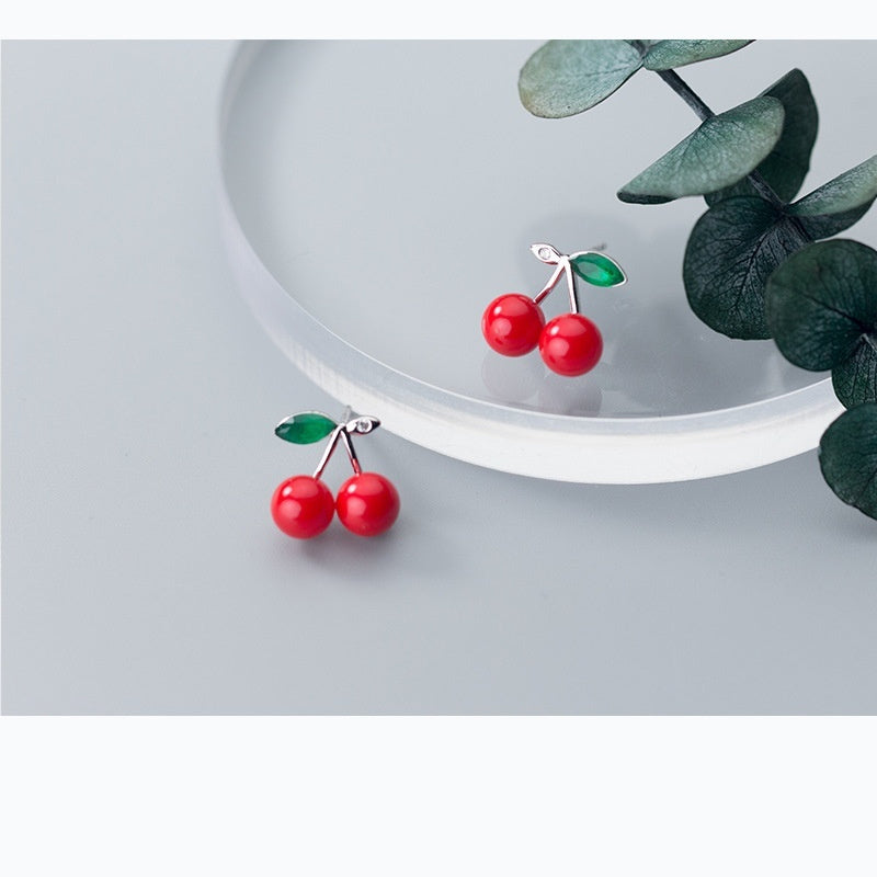 S925 Sterling Silver Cherry Earrings - Red Shell Pearl Jewelry USA