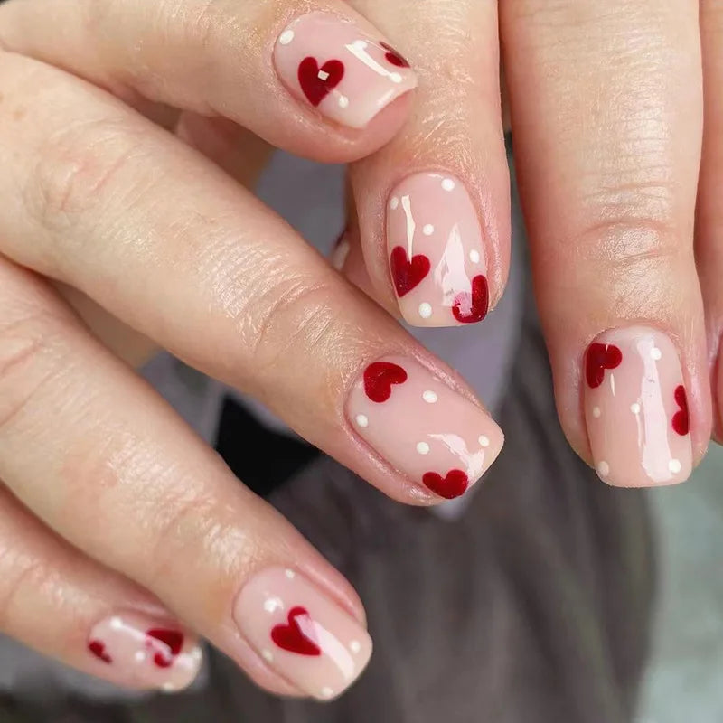 Red Pink French Polka Dot Round Dot Wearable Nail Art Short Almond Fake Nails Detachable Finished False Nails Press on Nails