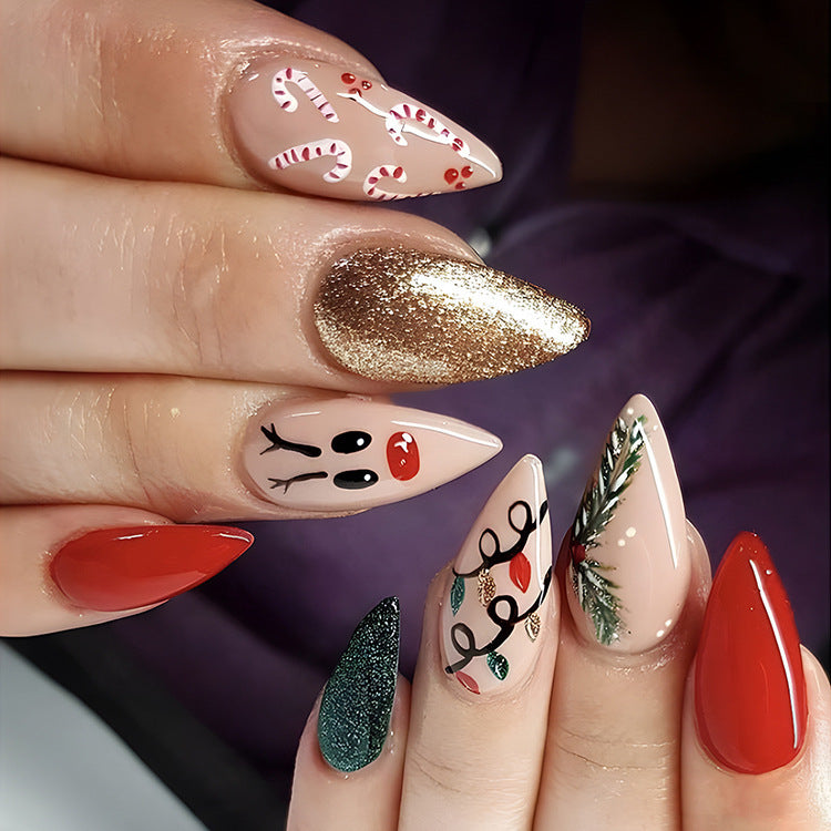 Christmas False Nails Hat Striped Snowflake Nail Art