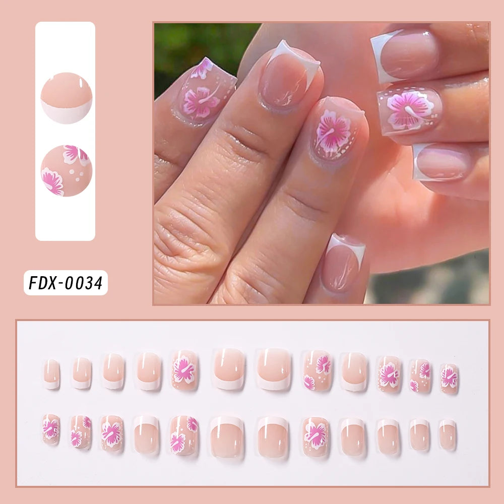 Square Head Flower Design Fake Nail Tips Acrylic Floral Wearable Ballet False Nail Artificial Full Cover Press on Nails
