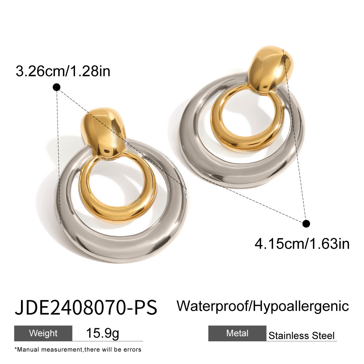 18K Gold Hollow Stud Earrings - Double Layer Round Stainless Steel
