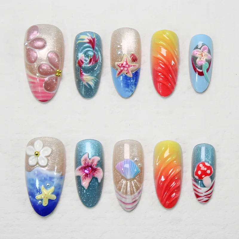 Summer Handmade Press on Nails Wearable Beach Seashell Design Long Almond