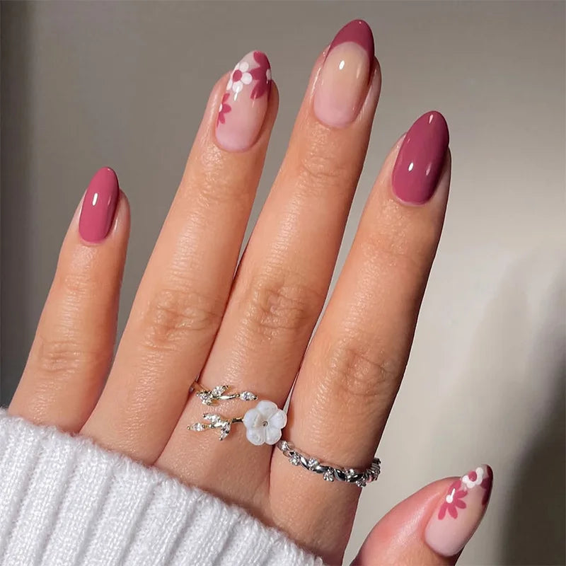 24Pcs Short French Almond Press on Fake Nails with Red Apple Design False Nail Art Wearable Oval Rhinestone Full Cover Nail Tip