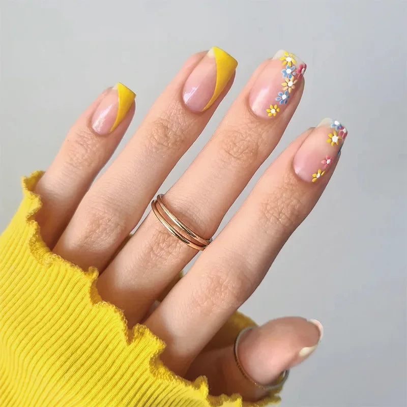 Flowers Gold Glitter Powder Edge White French Nail Art Fashion Wearable Fake Nail Detachable Finished False Nails Press on Nails