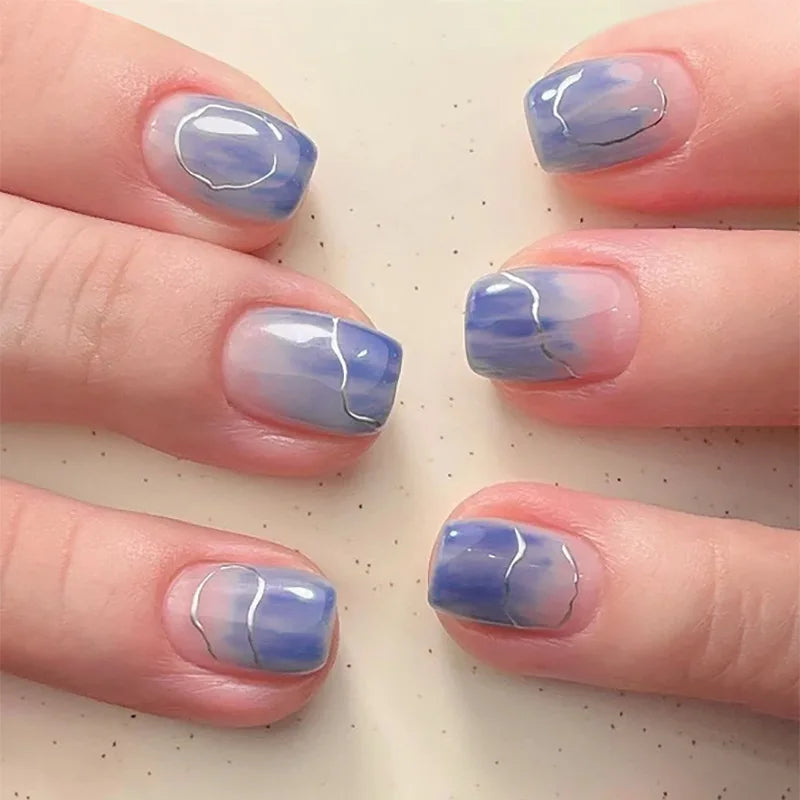 24Pcs Short Square Head False Nail with Blue Gradient Press on Fake Nails Silver Irregular Stripe Wearable Full Cover Nails Tips