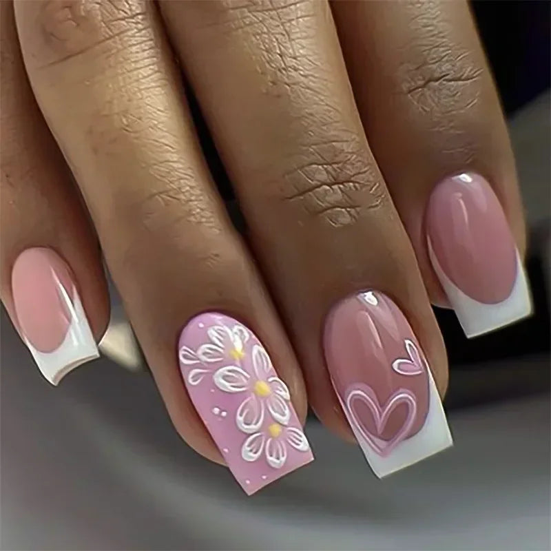 Hot Selling French 3D Gold Line Flower Nail Art Almond Shape False Nails Detachable Finished Fake Nails Press on Nails with Glue