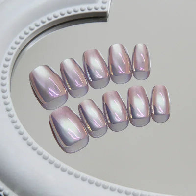 Purple Cat Eye Fake Nails Square Head French Ballet Nails Short Press on Nails