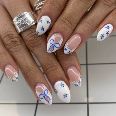 Simple Almond Nails Tips Fresh Colorful Flower Design False Nails Wearable Oval Fake Nail Short Full Cover Press on Nails