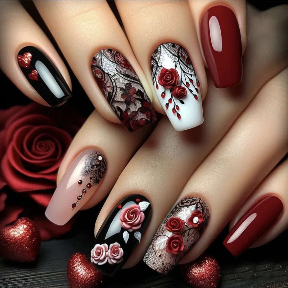 24Pcs Mid-length Ballet False Nails Press on Nails Spring Flowers Fresh Design Fake Nails with Glue Wearable Acrylic Nail Tips