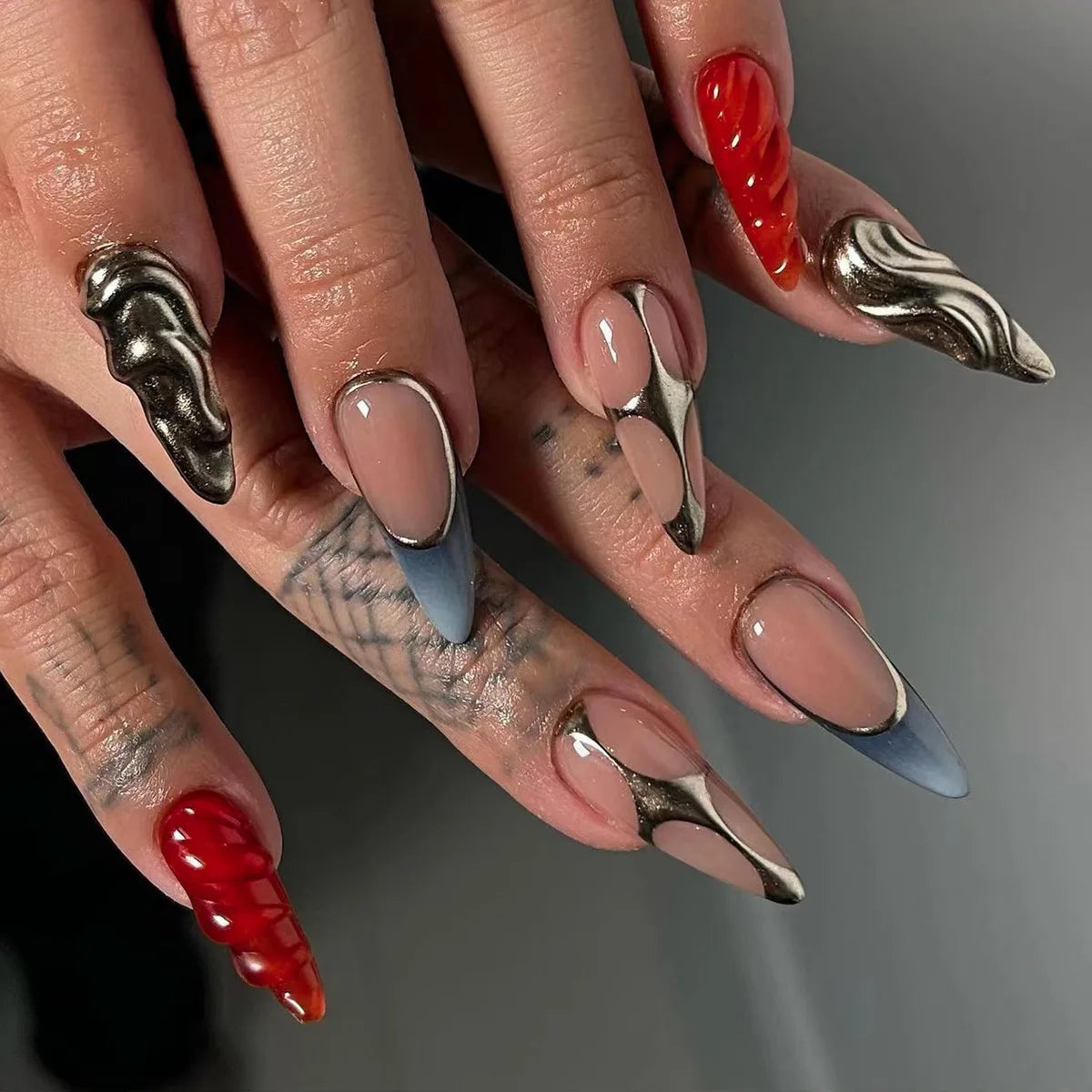 3D Silver Metallic Style French Rhinestone Stars Nail Art Y2K Fashion False Nails Detachable Finished Fake Nails Press on Nails