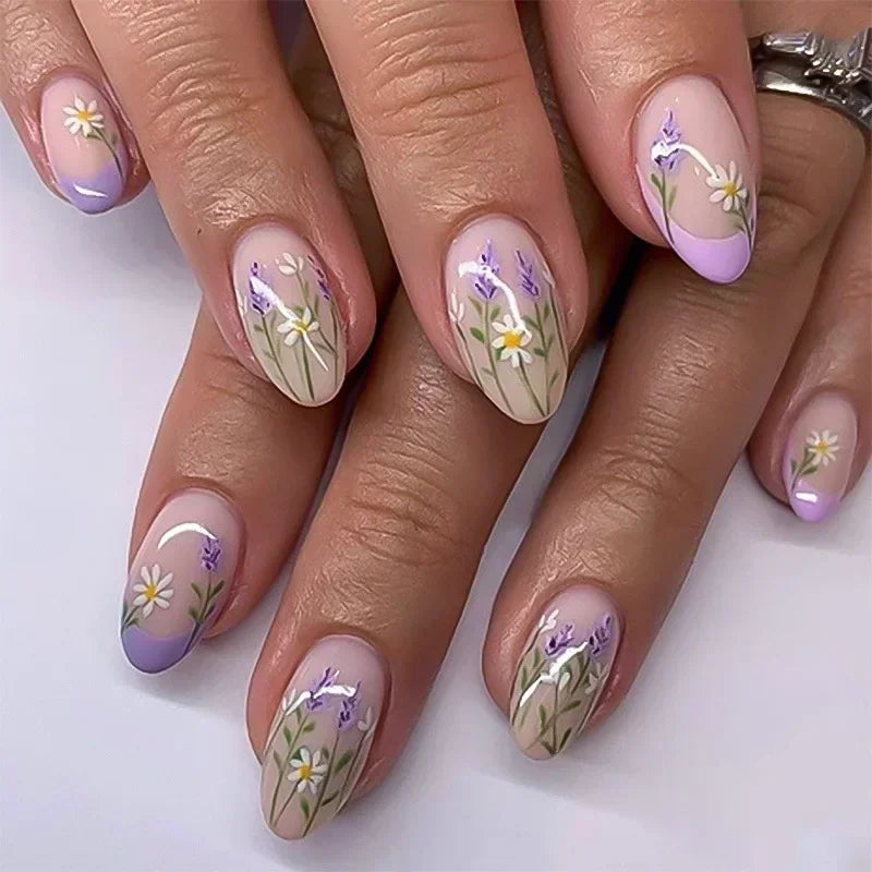 Flowers Gold Glitter Powder Edge White French Nail Art Fashion Wearable Fake Nail Detachable Finished False Nails Press on Nails