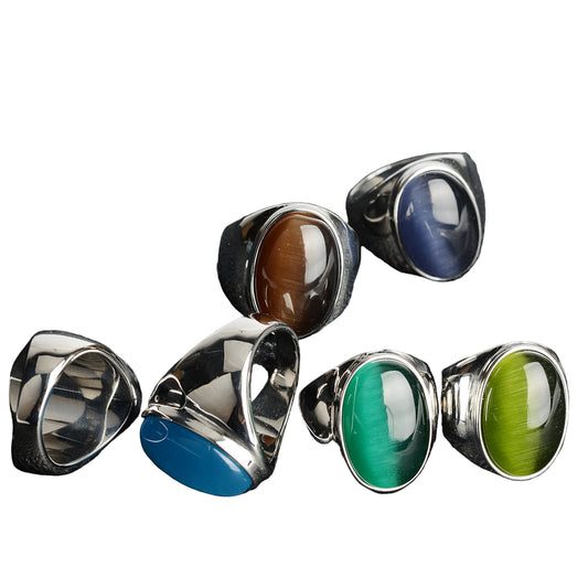 Stainless Steel Faux Opal Rings - Titanium Iridescent Women's Jewelry