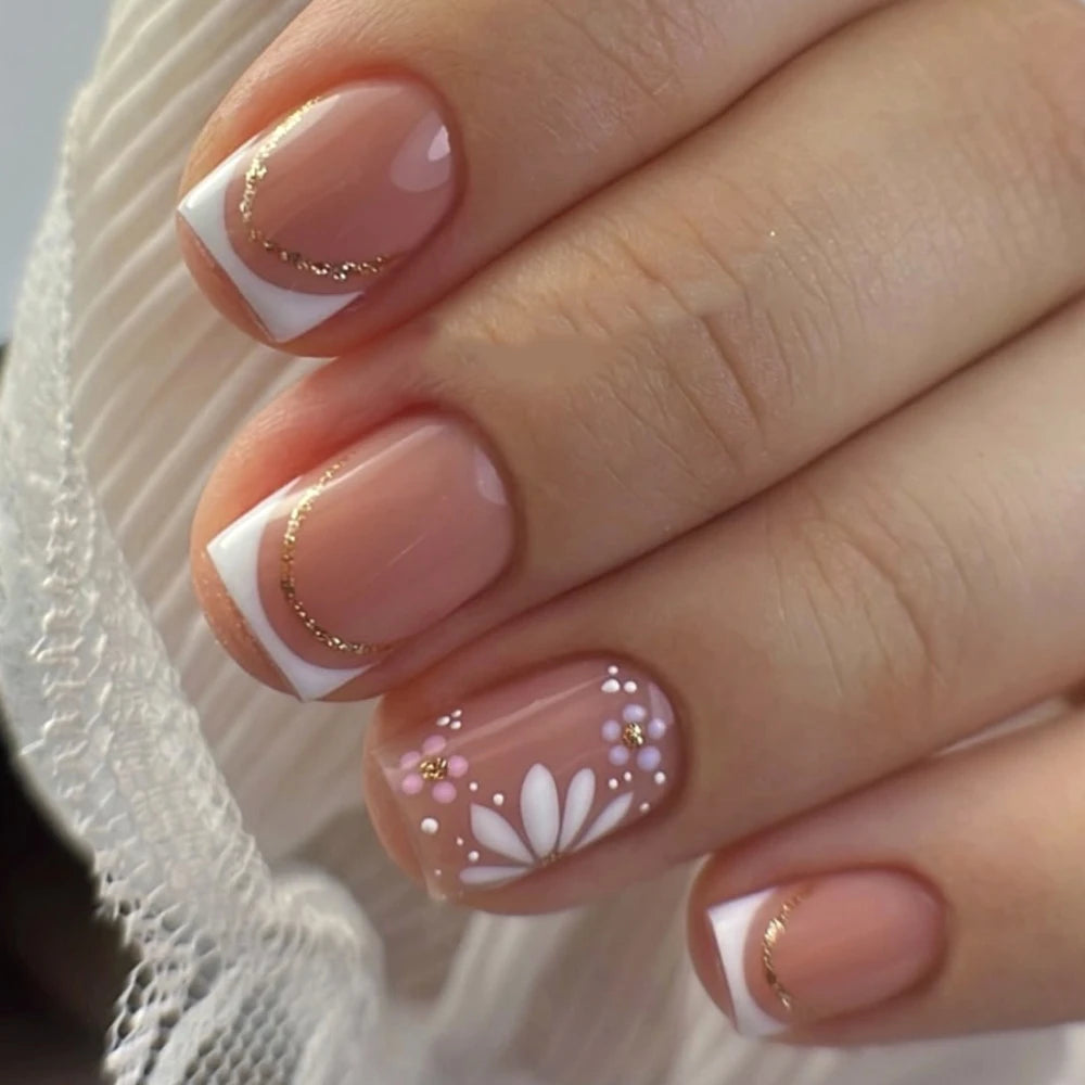 Flowers Gold Glitter Powder Edge White French Nail Art Fashion Wearable Fake Nail Detachable Finished False Nails Press on Nails