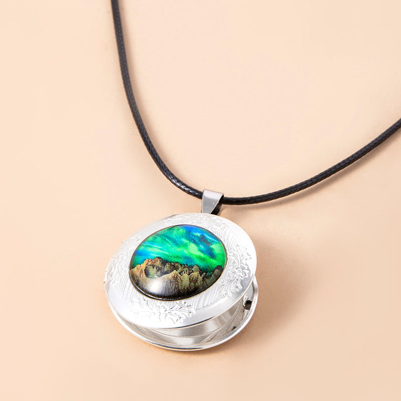 Nebula Aurora Mountain Locket Necklace Vintage Glass