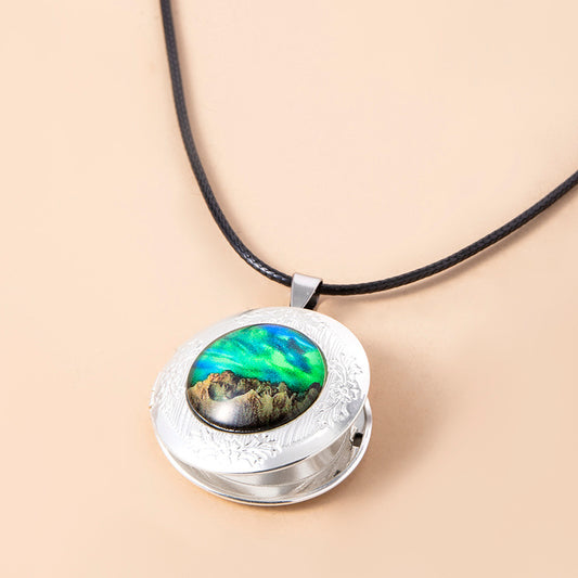 Nebula Aurora Mountain Locket Necklace Vintage Glass
