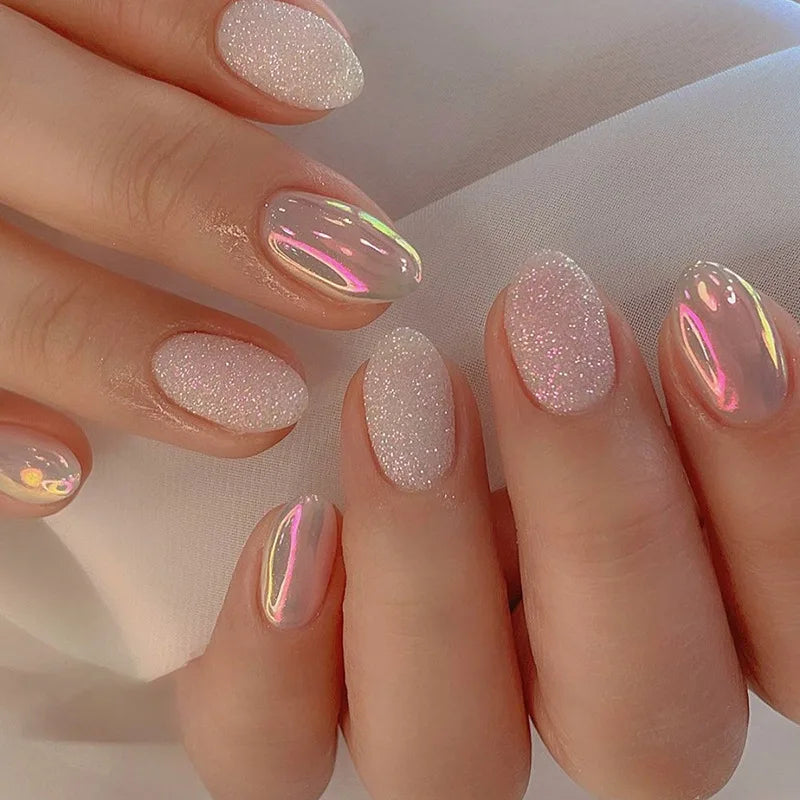 24pcs Glitter Short Almond False Nails Pink Aurora Ellipse Fake Nails Press on Nails DIY Manicure Detachable Full Cover Nail Tip