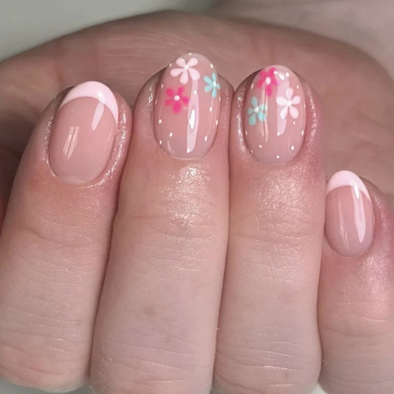 Flowers Gold Glitter Powder Edge White French Nail Art Fashion Wearable Fake Nail Detachable Finished False Nails Press on Nails