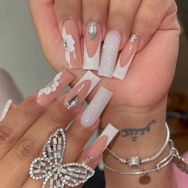 Sweet Medium Square False Nails with Glue Blush Pink Flowers Fake Nails Press on Nails