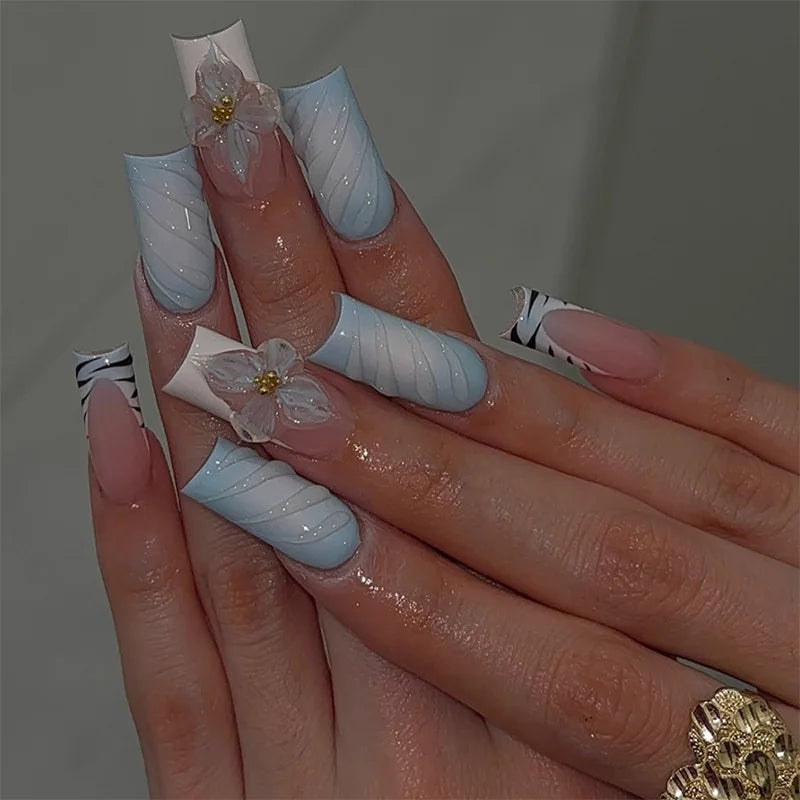 Sweet Medium Square False Nails with Glue Blush Pink Flowers Fake Nails Press on Nails