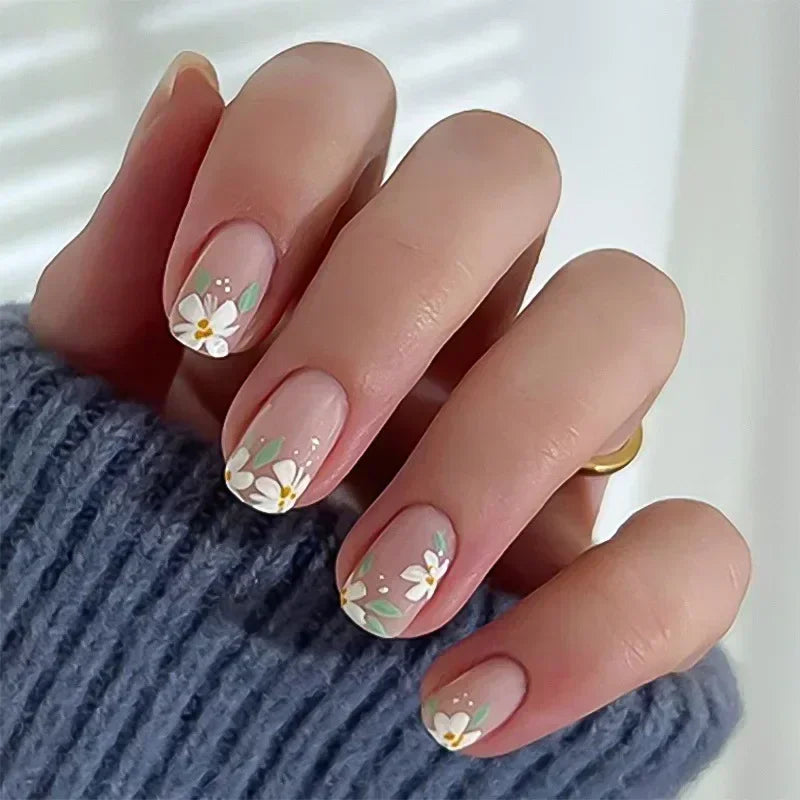 Flowers Gold Glitter Powder Edge White French Nail Art Fashion Wearable Fake Nail Detachable Finished False Nails Press on Nails