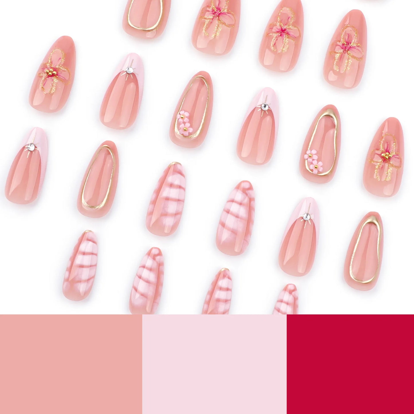 24pcs New Alligator Print False Nails Pink French Style 3D Flower Decor Press On Nail Glitter Gold Powder Designs Fake Nails