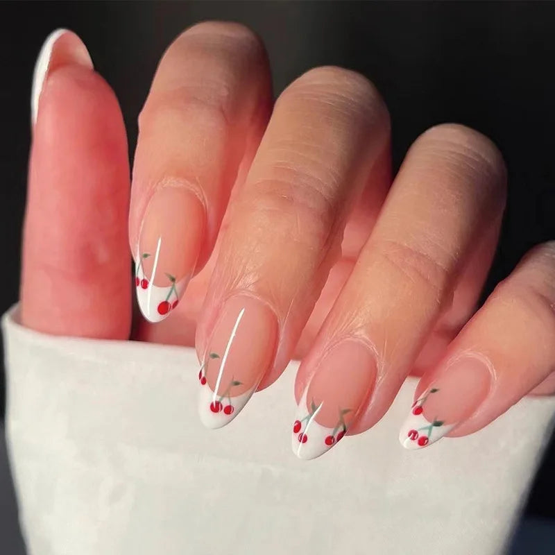 Lovely Cherry Solid Color Red Nail Art White French Simple Fake Nails Detachable Finished False Nails Press on Nails with Glue