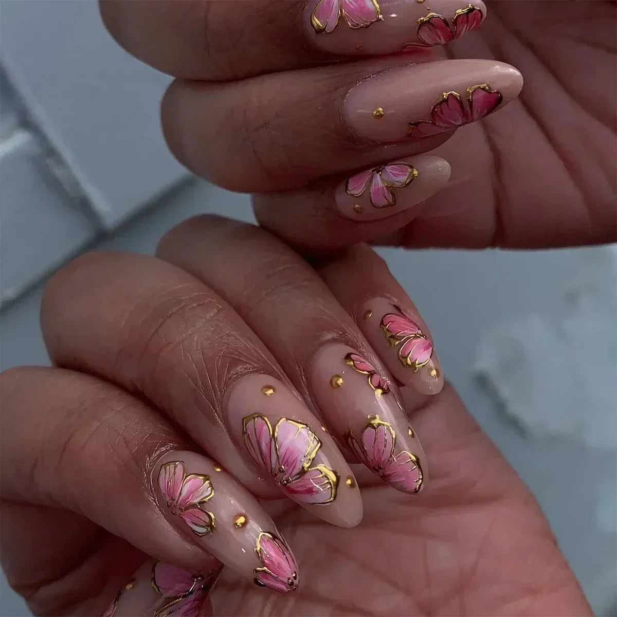 Flowers Gold Glitter Powder Edge White French Nail Art Fashion Wearable Fake Nail Detachable Finished False Nails Press on Nails