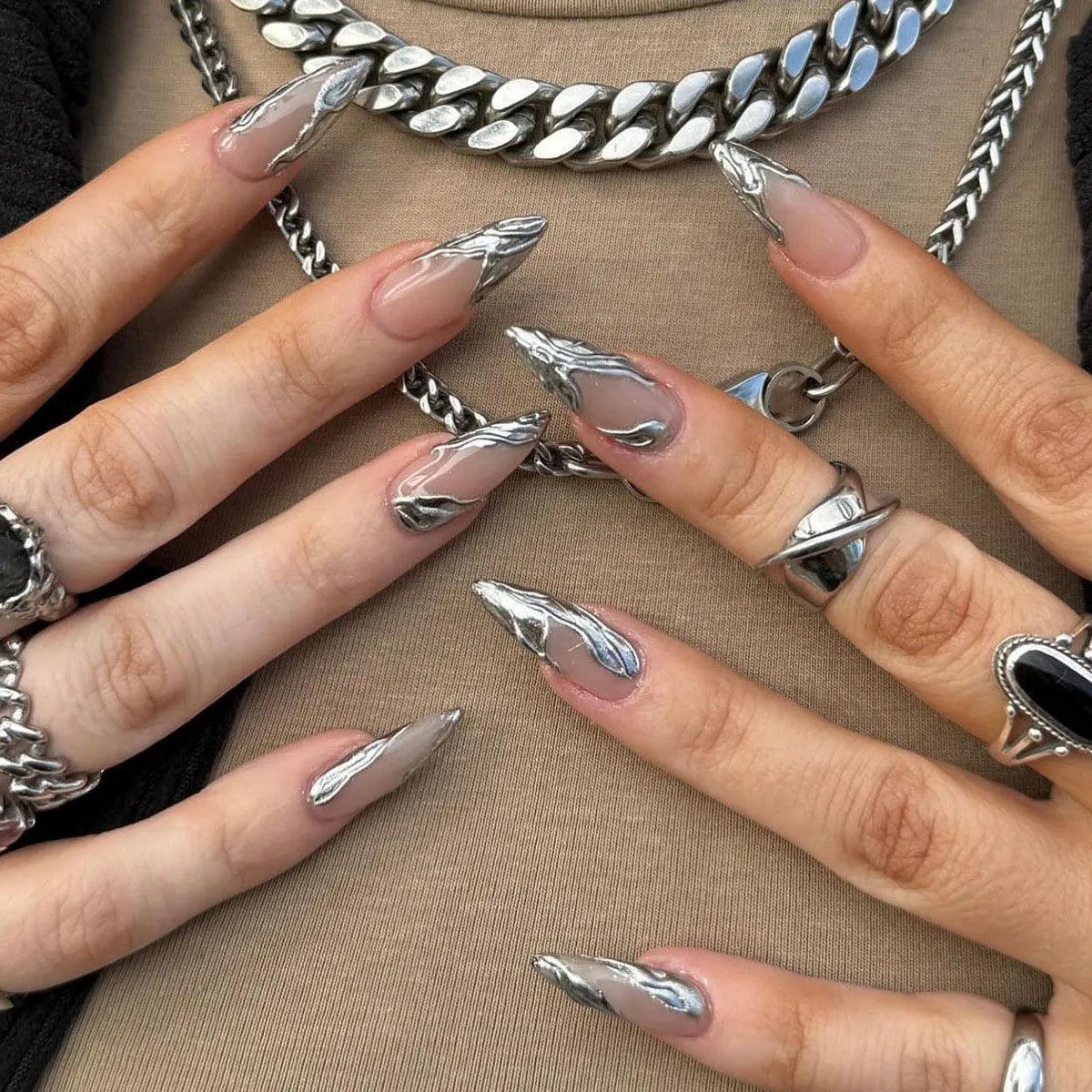 3D Silver Metallic Style French Rhinestone Stars Nail Art Y2K Fashion False Nails Detachable Finished Fake Nails Press on Nails