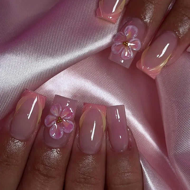 Sweet Medium Square False Nails with Glue Blush Pink Flowers Fake Nails Press on Nails
