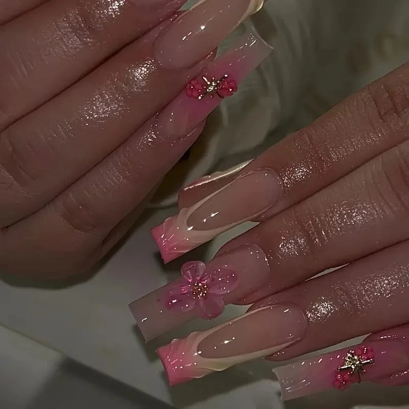 Sweet Medium Square False Nails with Glue Blush Pink Flowers Fake Nails Press on Nails