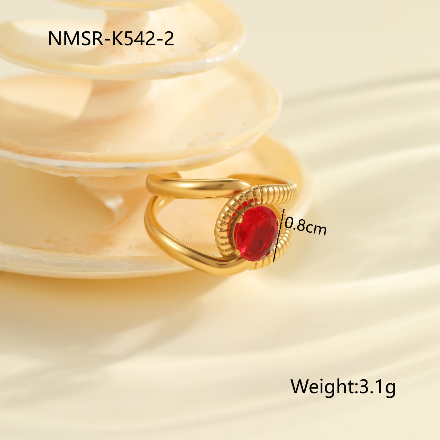 Red Zircon Ring - Titanium Steel Open-end Bold Geometric Design
