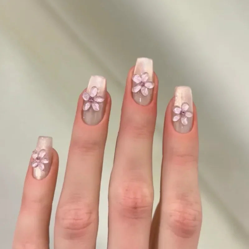 Hot Selling French 3D Gold Line Flower Nail Art Almond Shape False Nails Detachable Finished Fake Nails Press on Nails with Glue
