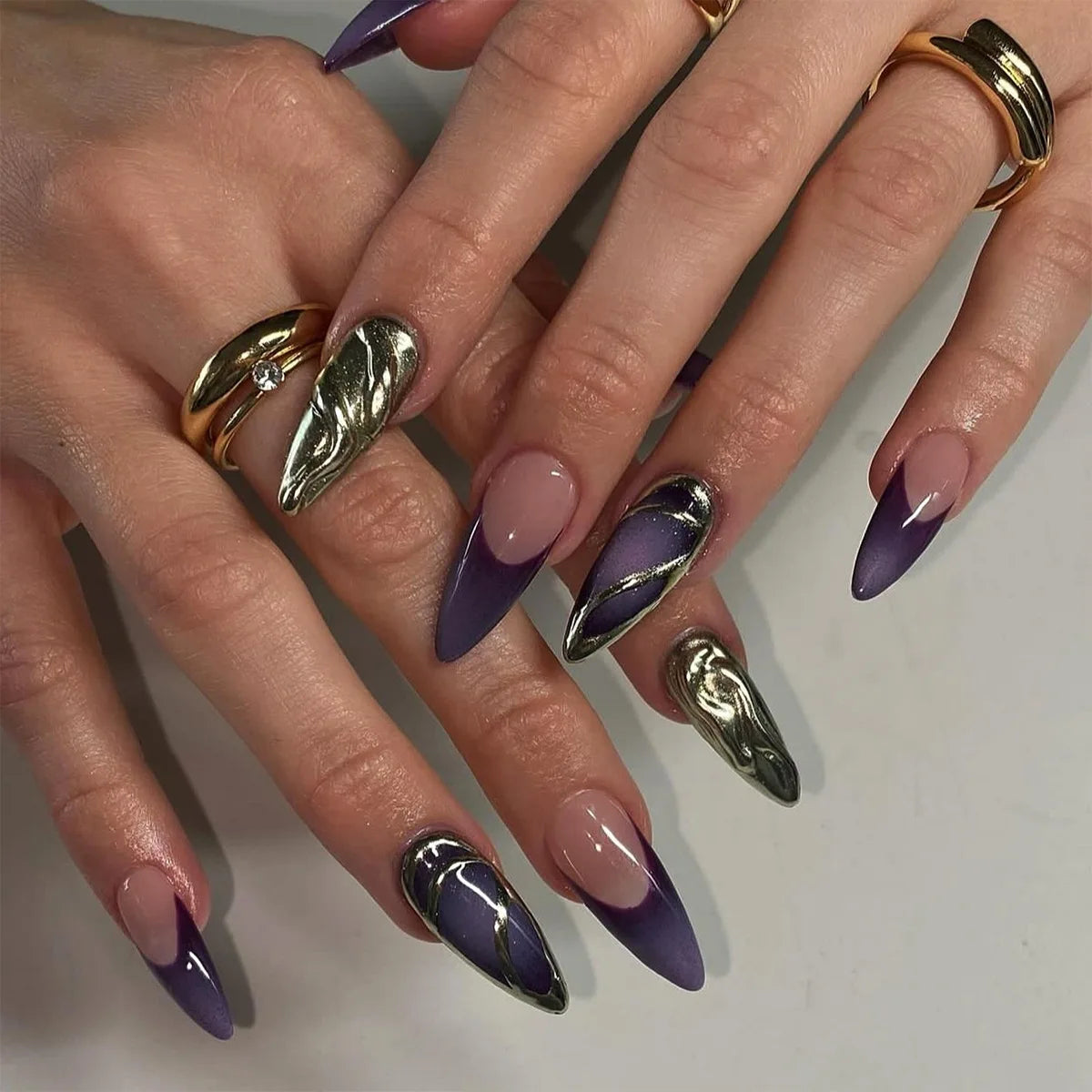 3D Silver Metallic Style French Rhinestone Stars Nail Art Y2K Fashion False Nails Detachable Finished Fake Nails Press on Nails