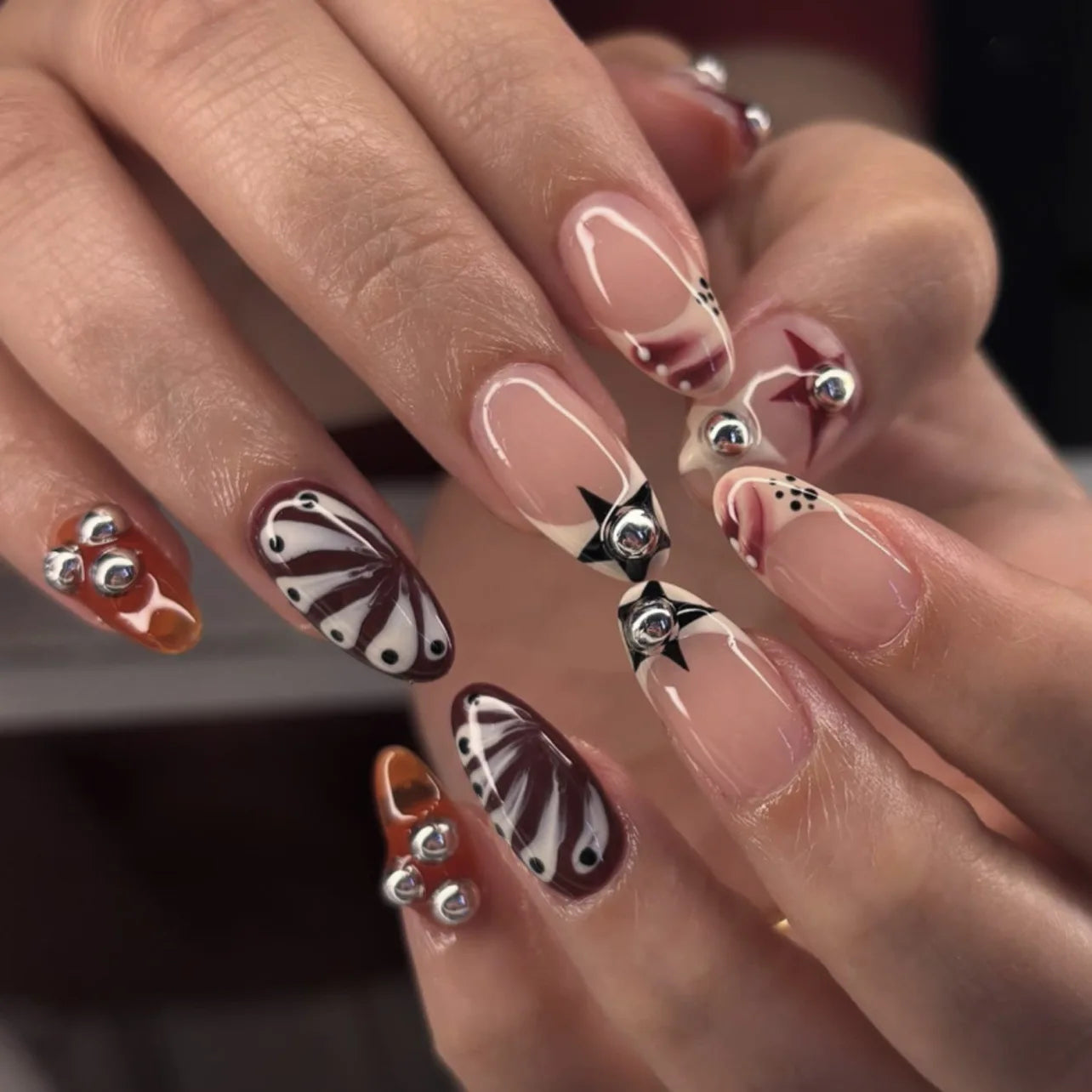 3D Silver Metallic Style French Rhinestone Stars Nail Art Y2K Fashion False Nails Detachable Finished Fake Nails Press on Nails