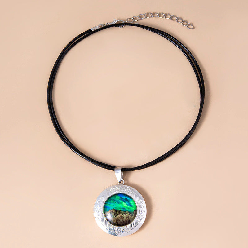 Nebula Aurora Mountain Locket Necklace Vintage Glass